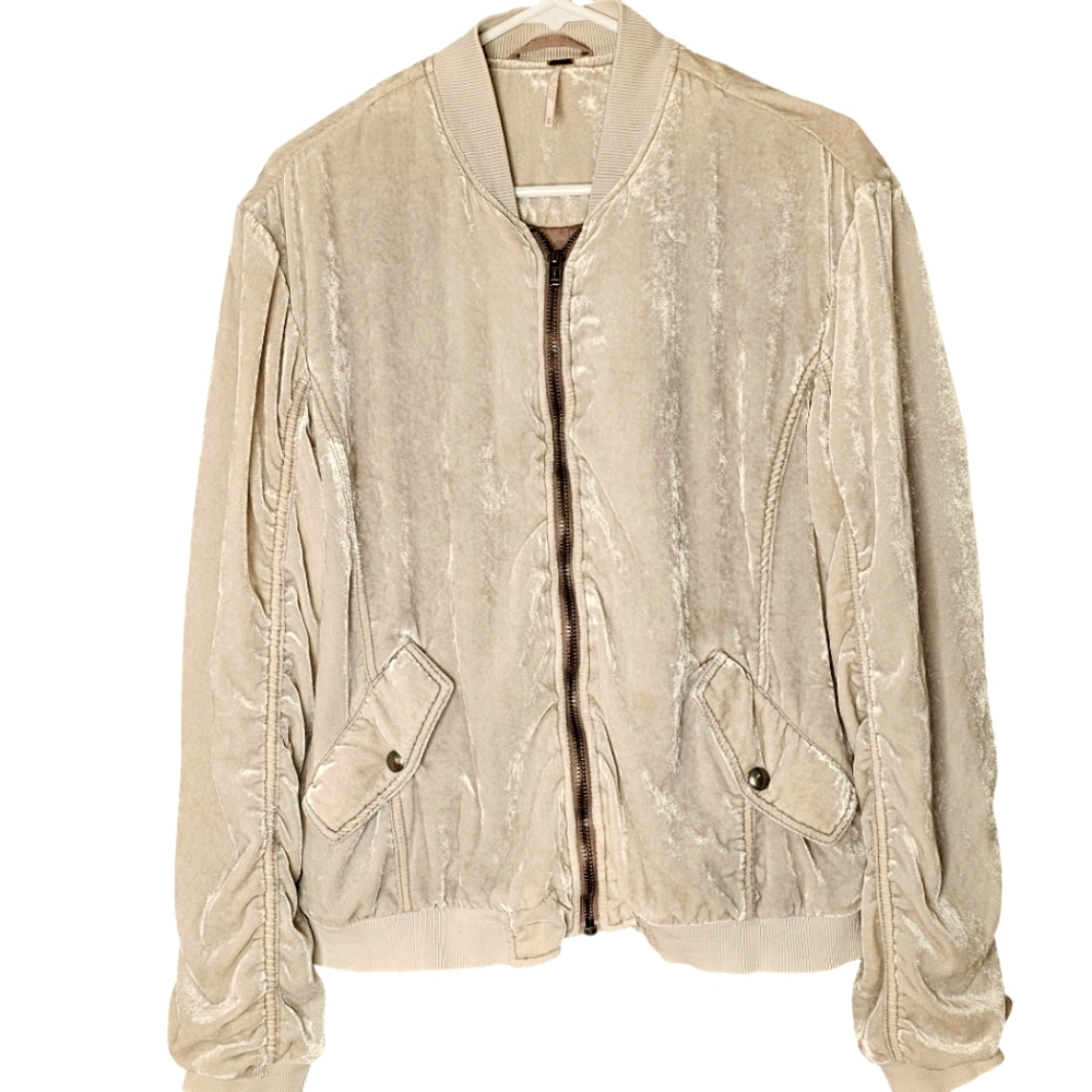 Free People Ruched Crushed Velvet Bomber Jacket Stone Zip Varsity Collar Sz M